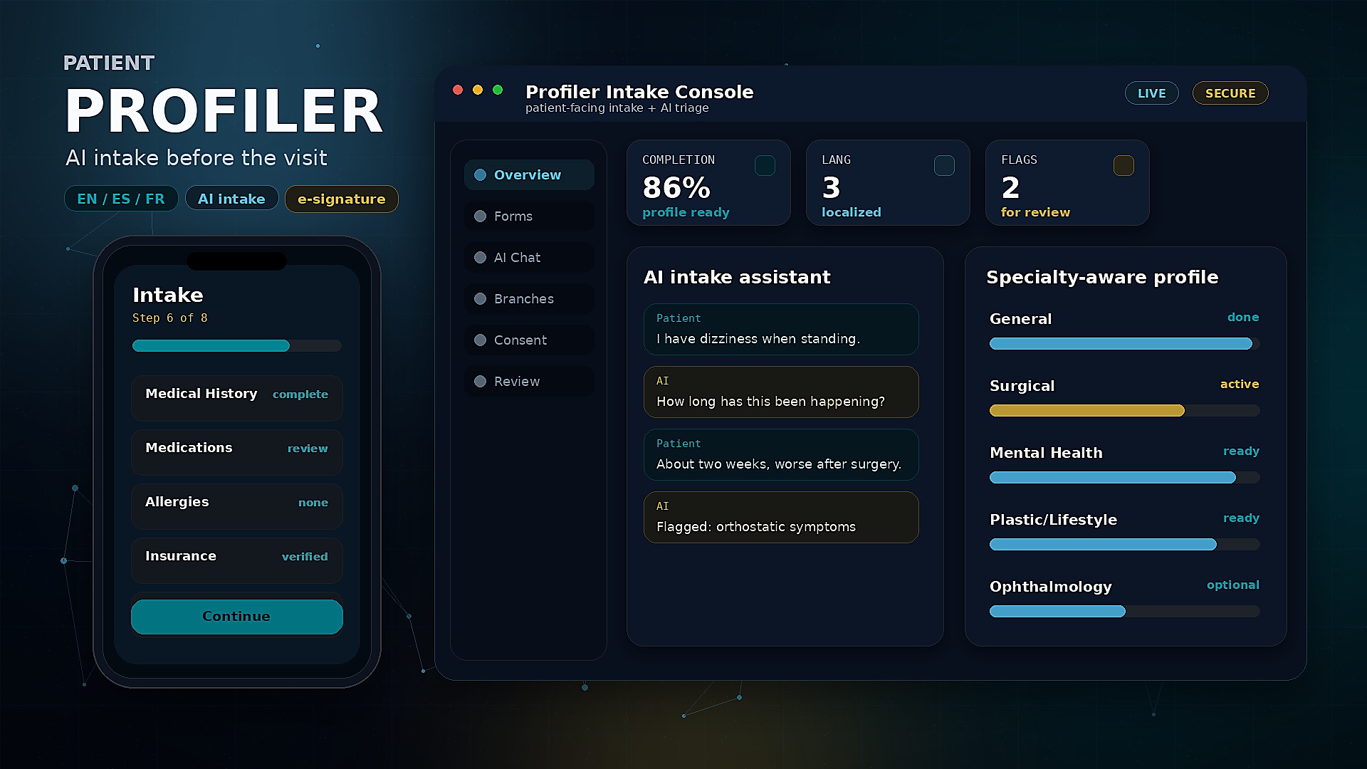 The PatientTrac Profiler intake interface showing a guided, sectioned patient profile.